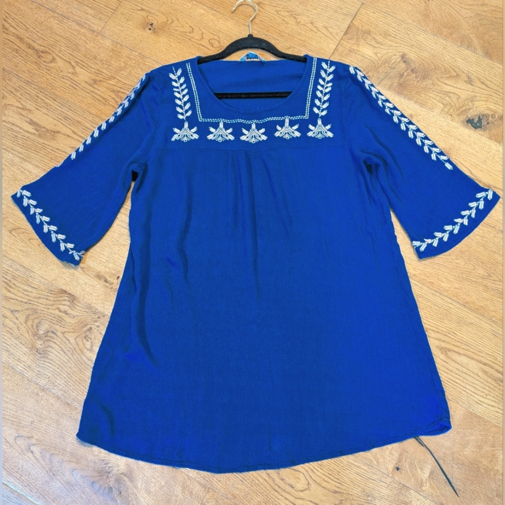 Umgee Cotton Embroidered Blouse Top Flowy Shirt 3/4 Sleeve Bell XL Women's Blue